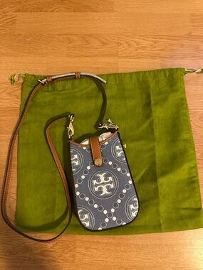 Tory Burch Blue Logo Crossbody Phone Pouch with Brown Trim